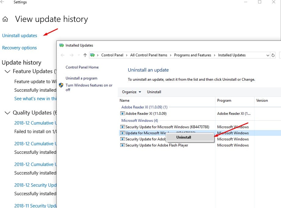 Desinstalar atualizações cumulativas do Windows 10