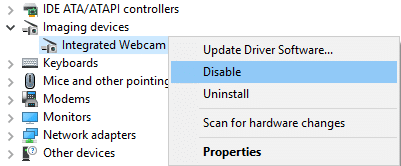 Fare clic con il pulsante destro del mouse su Webcam integrata e selezionare Disattiva | Risolto il problema con la webcam che non funziona in Windows 10