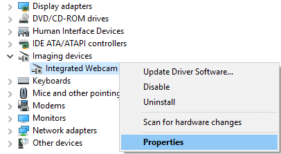 Fare clic con il pulsante destro del mouse su Webcam integrata e selezionare Proprietà
