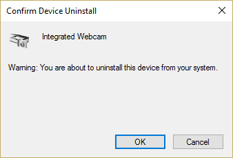 Cunfirmà WebCam Device Uninstall è cliccate OK