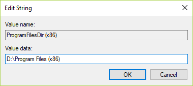 Se si dispone di una versione a 64 bit di Windows, è necessario modificare anche il percorso in DWORD ProgramFilesDir (x86) nella stessa posizione | Come modificare la directory di installazione predefinita in Windows 10