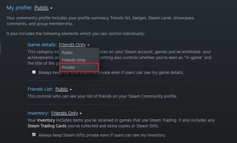 マイプロフィールページで、ゲームの詳細を友達のみからプライベートに変更します