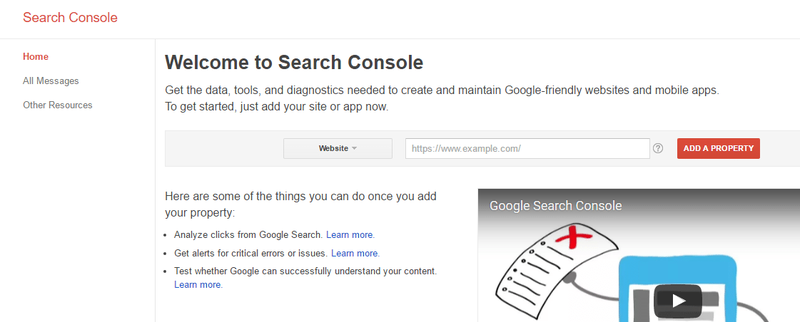 tela de boas-vindas do console de pesquisa do google