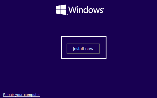 klik op installeer nou op windows installasie