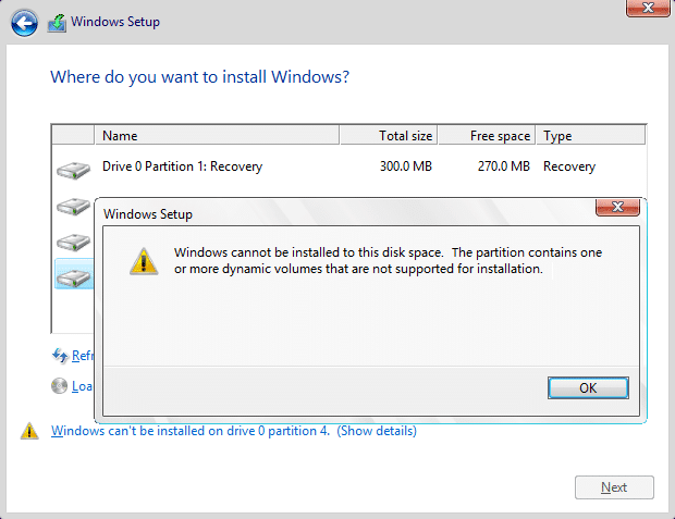 Corrigir o Windows não pode ser instalado na unidade 0