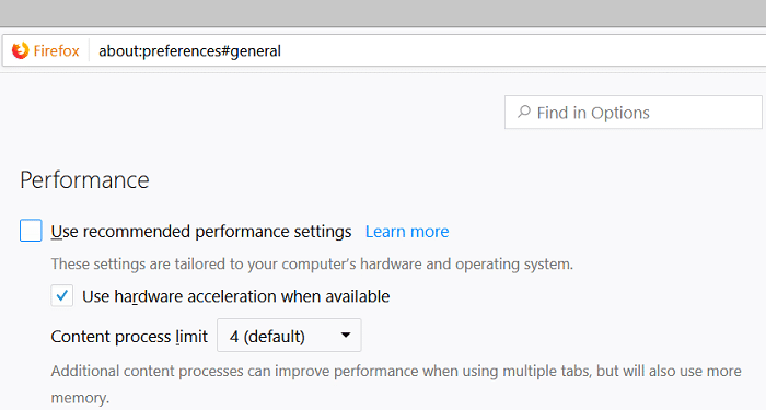 Idite na postavke u Firefoxu, a zatim poništite opciju Koristi preporučene postavke performansi