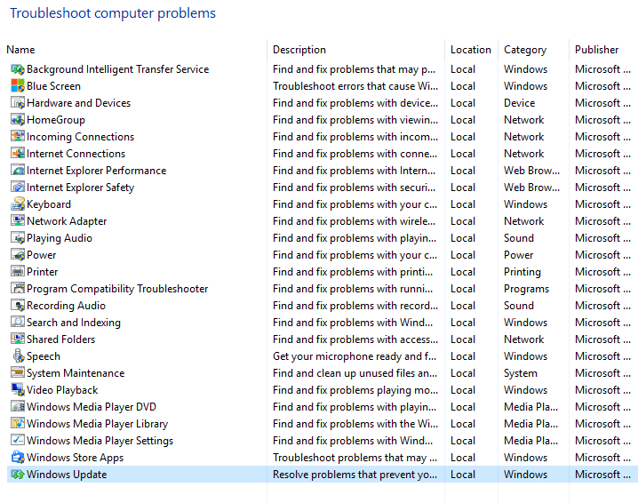kies Windows Update uit foutsporing rekenaarprobleme