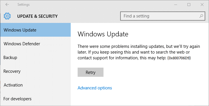 Popravi grešku Windows Update 0x800706d9