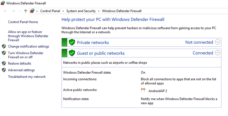 អេក្រង់ Windows Defender Firewall នឹងបង្ហាញឡើង