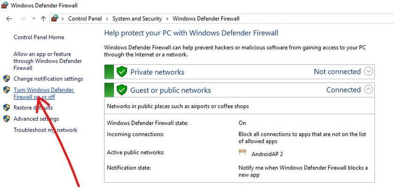 Egin klik Aktibatu edo desaktibatu Windows Defender Firewall aukeran