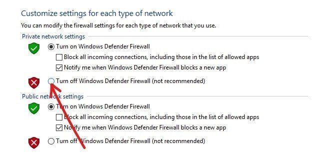 Windows Defender Firewall sare pribatuaren ezarpenetarako desaktibatzeko