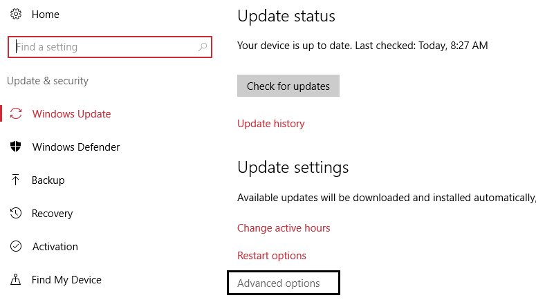 opções avançadas no Windows Update
