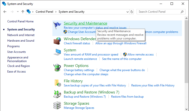 Klik op 'Systeem en beveiliging' en vervolgens op 'Beveiliging en onderhoud'. | Waar is de locatie van het BSOD-logbestand in Windows 10?
