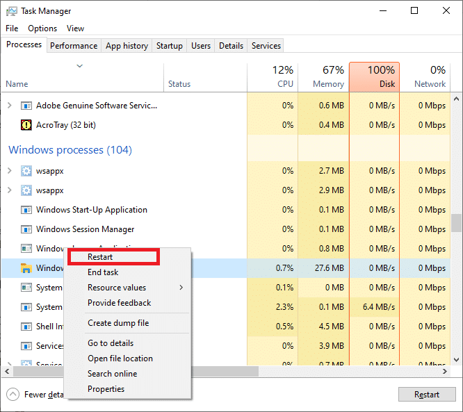 Ponovo pokrenite Windows Explorer proces desnim klikom na njega i odabirom Ponovo pokreni.