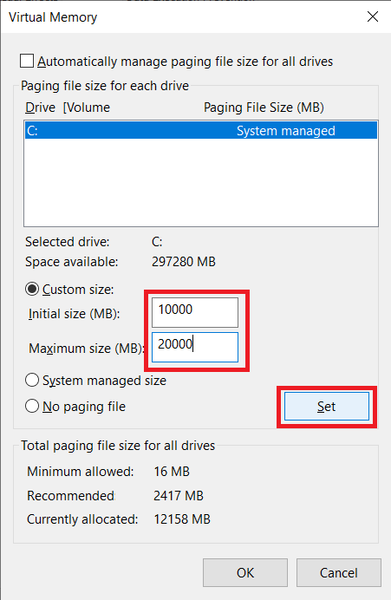 カスタムサイズを入力し、[設定]ボタンをクリックします。 Windows10でWSAPPXの高いディスク使用量を修正する方法