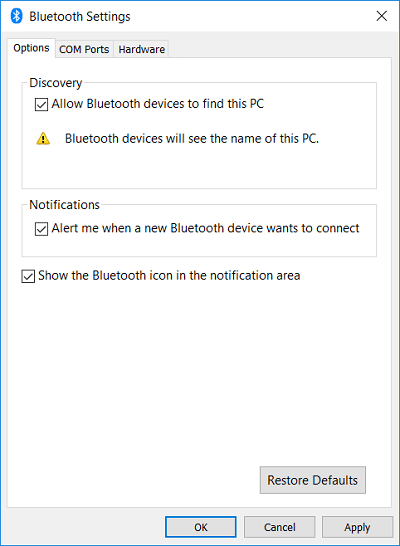 Em Mais opções de Bluetooth, marque Permitir que dispositivos Bluetooth encontrem este PC