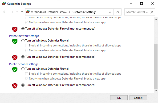 이제 상자를 선택하십시오. Windows Defender 방화벽을 끕니다(권장하지 않음). Steam 업데이트가 멈추는 문제 수정