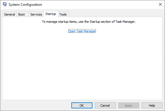 次に、[スタートアップ]タブに切り替えて、[タスクマネージャーを開く]へのリンクをクリックします。 Steamアップデートがスタックする問題を修正
