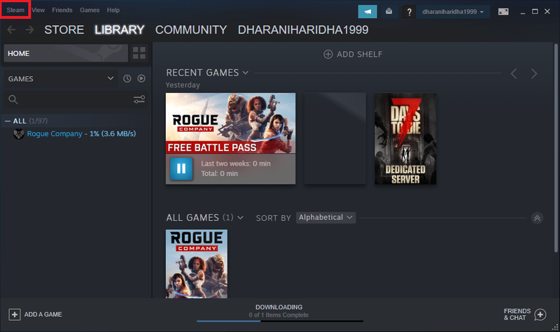 시스템에서 Steam 애플리케이션을 실행하고 화면 왼쪽 상단에서 Steam 옵션을 선택하십시오.