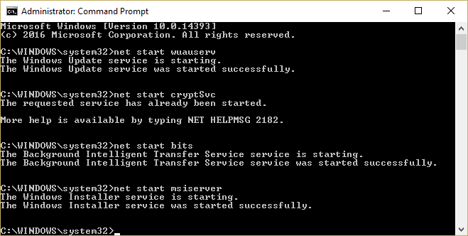 Hasi Windows eguneratze zerbitzuak wuauserv cryptSvc bits msserver