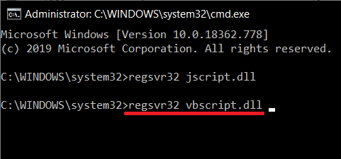 İndi regsvr32 vbscript.dll yazın və enter düyməsini basın