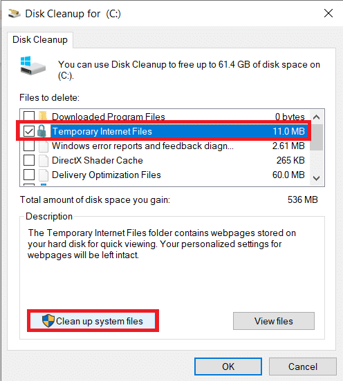 [システムファイルのクリーンアップ]をクリックします| Windows10でエラー0x80004005を修正する方法