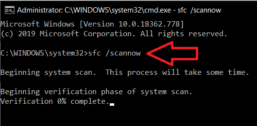 Digite a linha de comando sfc /scannow e pressione enter | Corrigir o código de erro 0x80004005: erro não especificado no Windows 10