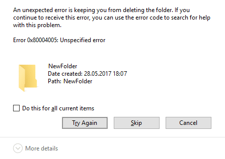 Correggi il codice di errore 0x80004005: errore non specificato in Windows 10