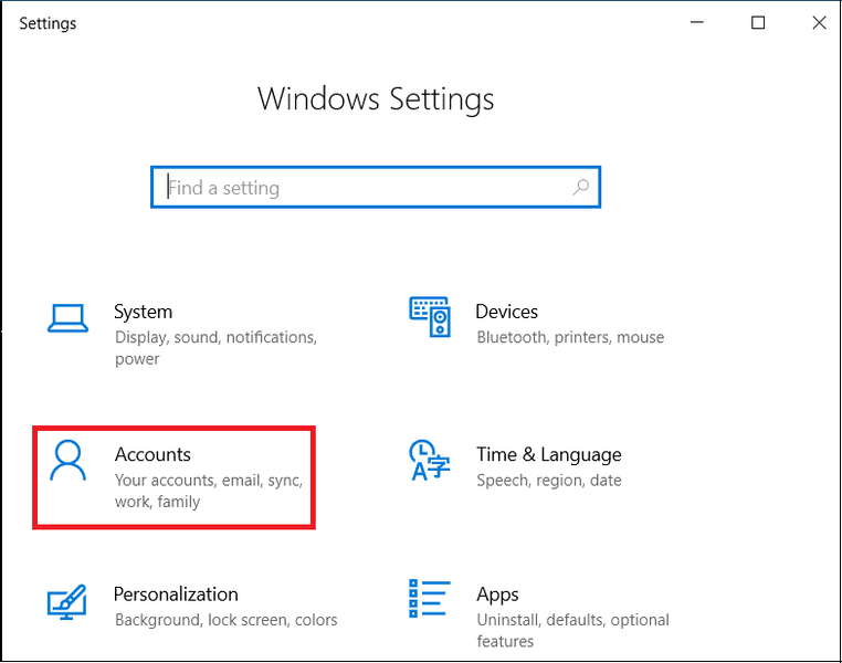 Press Key Windows + I per apre i paràmetri, cliccate nantu à l'opzione Accounts.