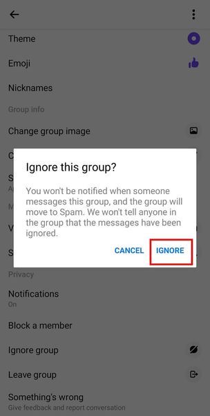 グループ通知を非表示にするには、[無視]ボタンをタップします| Facebookメッセンジャーでグループチャットを終了する方法