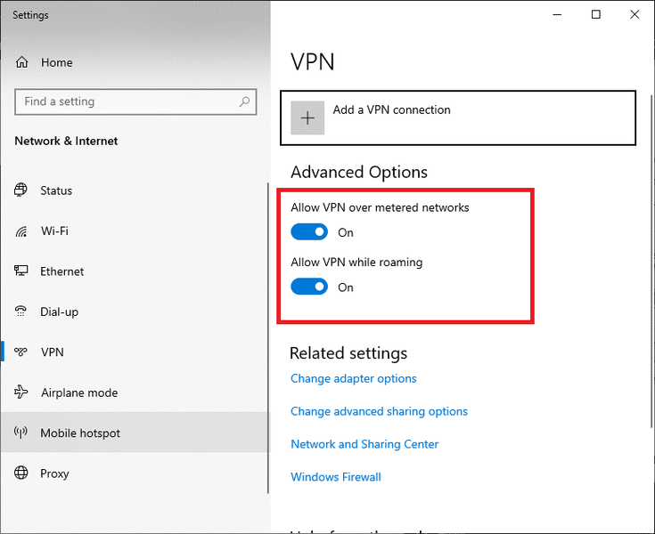 Na janela Configurações, desconecte o serviço VPN ativo e desative as opções VPN em Opções avançadas.