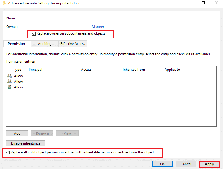 [適用]をクリックしてこれらの変更を保存し、ウィンドウを閉じます|修正Windows10のコンテナエラーでオブジェクトを列挙できませんでした