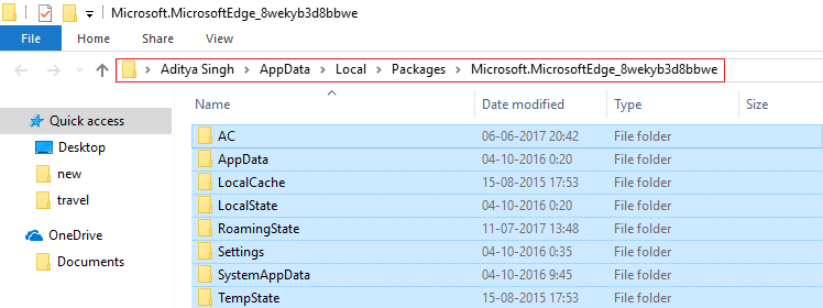 Microsoft.MicrosoftEdge_8wekyb3d8bbweフォルダー内のすべてを削除します