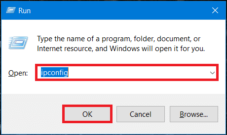ກົດ Windows Key + R, ກ່ອງໂຕ້ຕອບ Run ຈະປາກົດຂຶ້ນ. ພິມຄໍາສັ່ງ ipconfig ແລະກົດ Enter