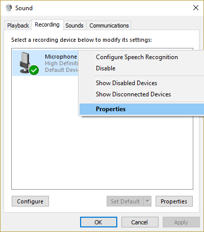 fai clic con il pulsante destro del mouse sul microfono predefinito e seleziona Proprietà