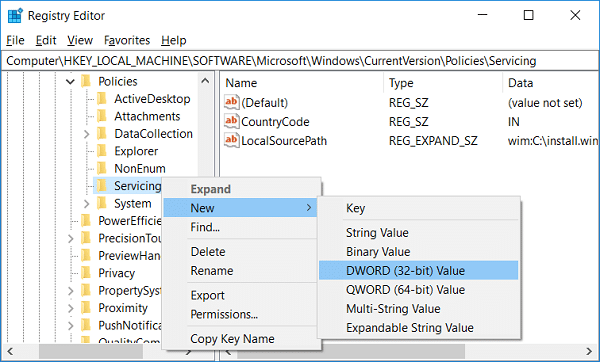 Clique com o botão direito do mouse na chave de manutenção e selecione Novo e Valor DWORD (32 bits)