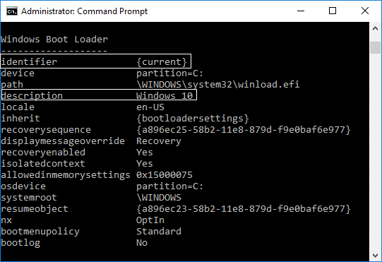 Windows Boot Loaderの下で、識別子の値を書き留めます| Windows10のブートメニューにセーフモードを追加する方法