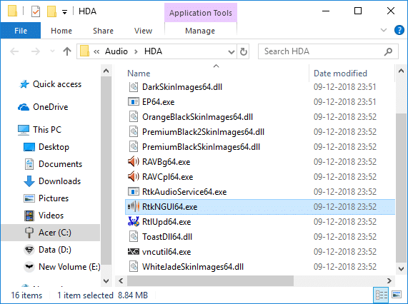 Kliknij dwukrotnie RtkNGUI64.exe, aby otworzyć menedżera Realtek HD Audio