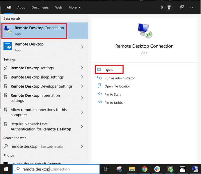 No campo de pesquisa do menu Iniciar, digite ‘Remote Desktop Connection’ e abra | Correção: a área de trabalho remota não se conecta no Windows 10
