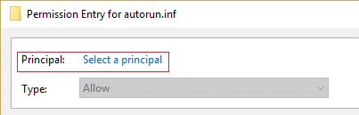 fare clic su selezionare un'entità in Voce di autorizzazione per il file autorun.inf