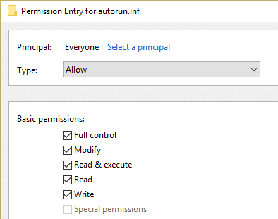 selecione Controle total sob permissão básica para entrada de permissão