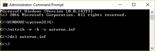 Rimuovere il file autorun.inf utilizzando il prompt dei comandi attrib -r -h -s autorun.inf