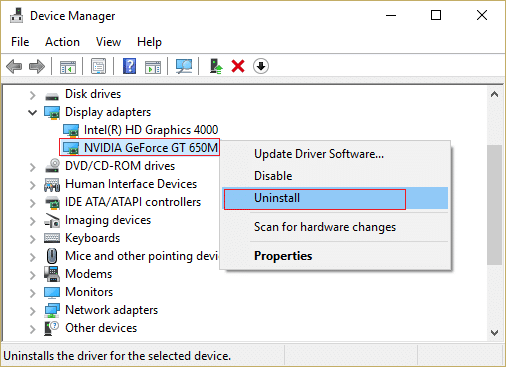 ກົດຂວາໃສ່ບັດກາຟິກ NVIDIA ແລະເລືອກຖອນການຕິດຕັ້ງ | ແກ້ໄຂ NVIDIA Control Panel ຫາຍໄປໃນ Windows 10