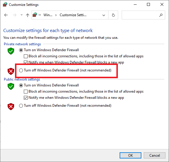 Windows Defenderファイアウォールをオフにして、[OK]をクリックします。 D3Dデバイスが失われたために終了するUnrealEngineを修正