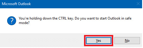 Clique no botão Sim para executar o Outlook no modo de segurança
