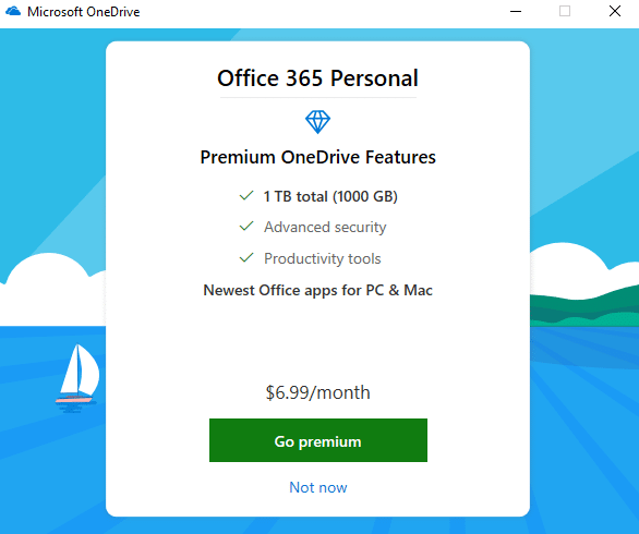Cliquez sur Pas maintenant si vous utilisez la version gratuite de oneDrive