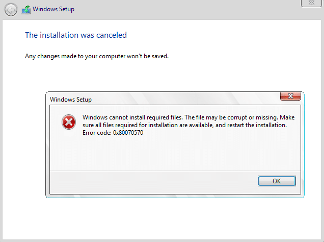 Corrigir o Windows não pode instalar os arquivos necessários 0x80070570