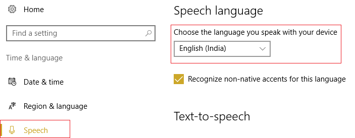 certifique-se de que o idioma da fala corresponde ao idioma selecionado em Região e idioma.