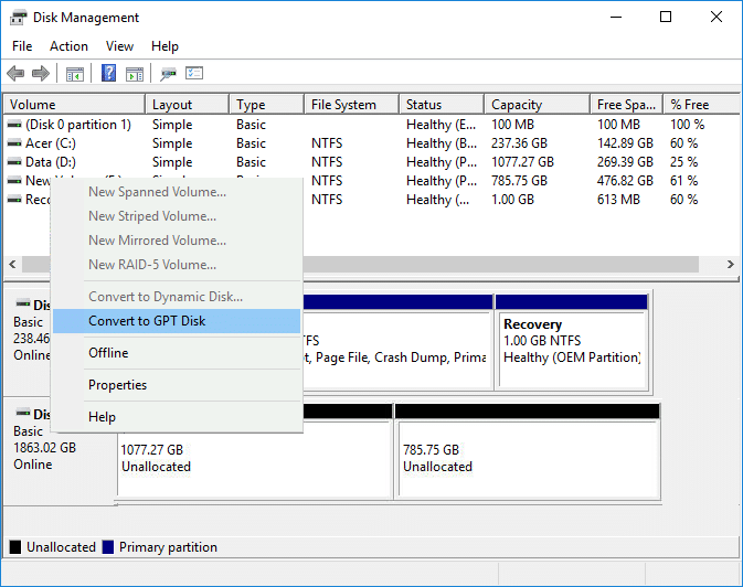 ディスク管理でGPTディスクをMBRディスクに変換する| Windows10でGPTディスクをMBRディスクに変換する方法