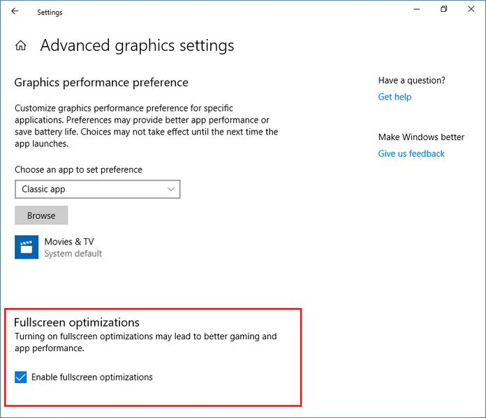 Windows10設定でフルスクリーン最適化を有効または無効にする